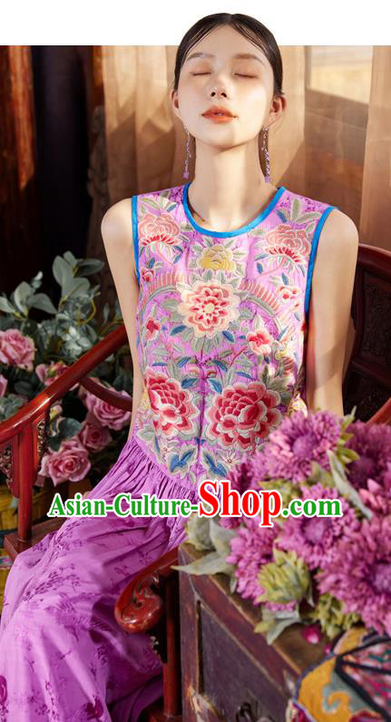 Chinese Traditional Embroidered Purple Silk Dress National Woman Tang Suit Cheongsam Costume