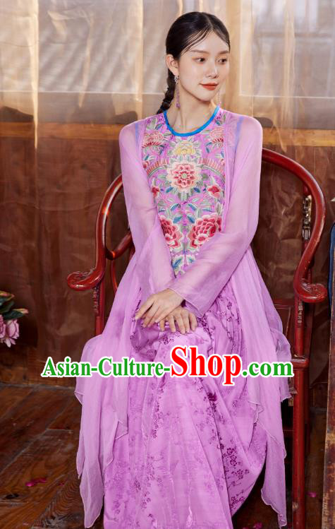 Chinese Traditional Embroidered Purple Silk Dress National Woman Tang Suit Cheongsam Costume