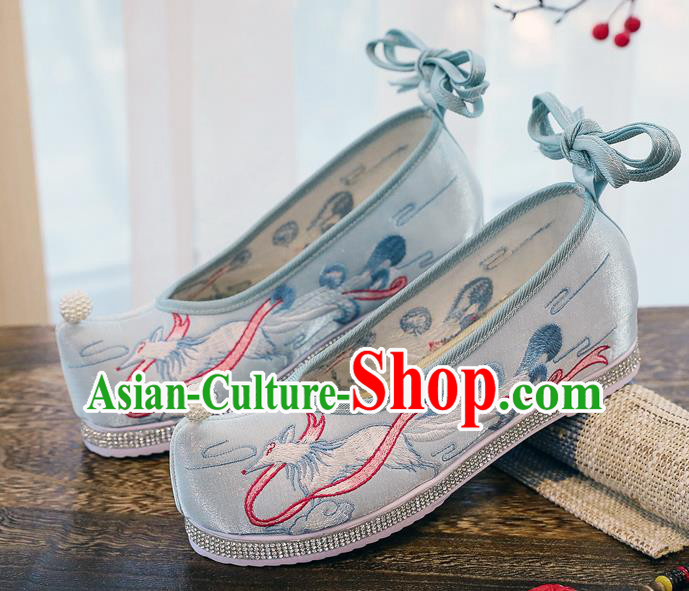 China Handmade Hanfu Pearl Shoes Traditional Ming Dynasty Princess Bow Shoes Embroidered Blue Cloth Shoes