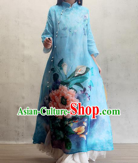Chinese Traditional Stand Collar Qipao Dress Woman Costume National Printing Peony Blue Cheongsam