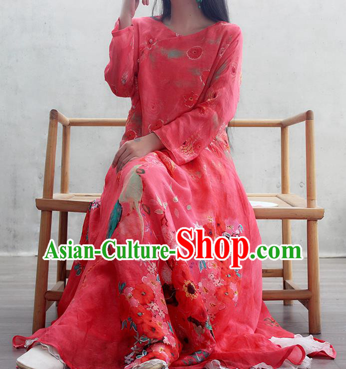 Chinese Traditional Red Qipao Dress Woman Costume National Tang Suit Printing Cheongsam