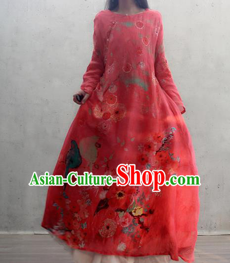 Chinese Traditional Red Qipao Dress Woman Costume National Tang Suit Printing Cheongsam