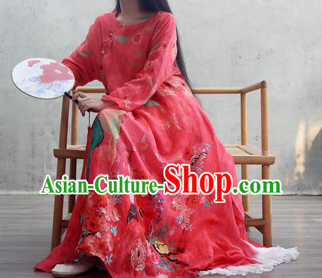 Chinese Traditional Red Qipao Dress Woman Costume National Tang Suit Printing Cheongsam