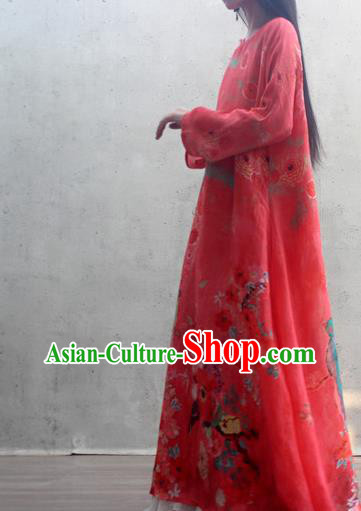 Chinese Traditional Red Qipao Dress Woman Costume National Tang Suit Printing Cheongsam