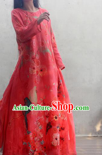 Chinese Traditional Red Qipao Dress Woman Costume National Tang Suit Printing Cheongsam