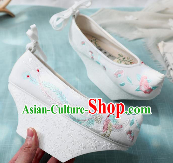 China Embroidered Phoenix White Cloth Shoes Handmade Saucers Shoes Traditional Qing Dynasty Imperial Concubine Shoes