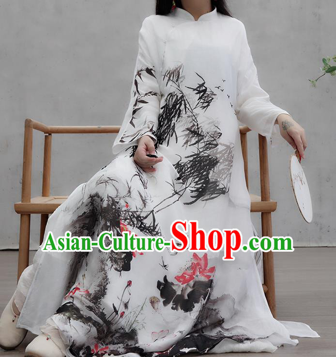 Chinese Traditional Ink Painting Bamboo Lotus Qipao Dress Woman Costume National Tang Suit White Cheongsam