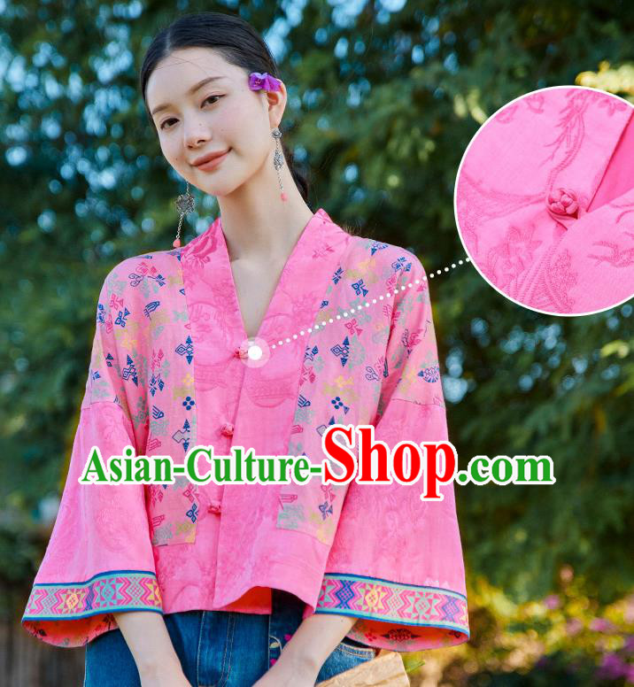 Chinese Tang Suit Embroidered Pink Jacket Traditional National Woman Costume