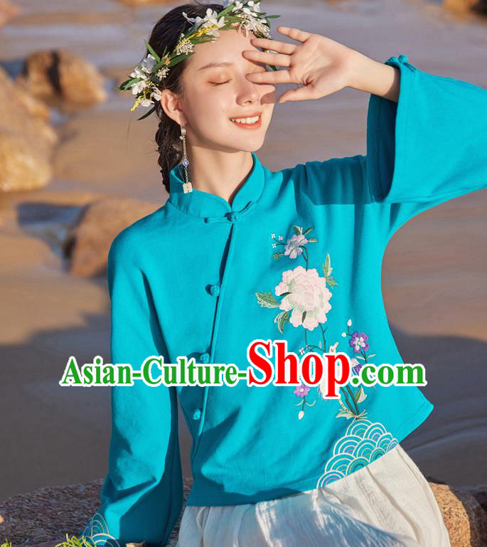 Chinese Traditional National Woman Shirt Costume Tang Suit Embroidered Blue Blouse