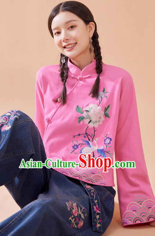 Chinese Traditional Costume Embroidered Pink Blouse National Woman Tang Suit Shirt