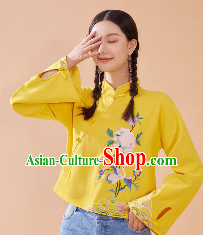 Chinese National Woman Tang Suit Shirt Traditional Costume Embroidered Yellow Blouse