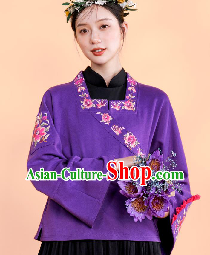 Chinese National Tang Suit Purple Jacket Traditional Woman Costume Embroidered Outer Garment