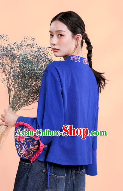 Chinese Embroidered Outer Garment National Tang Suit Deep Blue Jacket Traditional Woman Costume
