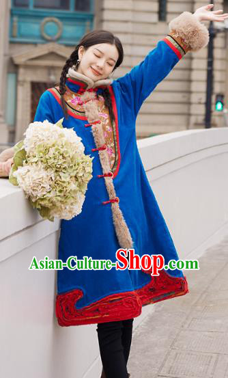 Chinese Traditional National Winter Costume Tang Suit Blue Greatcoat Embroidered Outer Garment