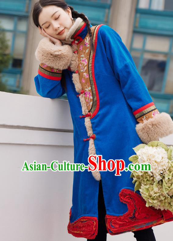 Chinese Traditional National Winter Costume Tang Suit Blue Greatcoat Embroidered Outer Garment