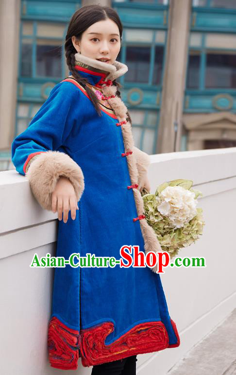 Chinese Traditional National Winter Costume Tang Suit Blue Greatcoat Embroidered Outer Garment