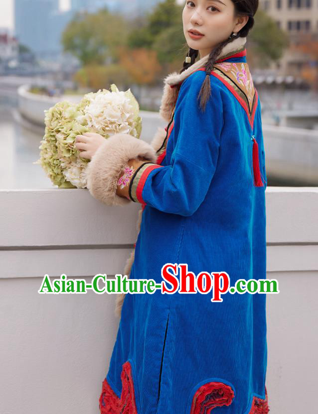 Chinese Traditional National Winter Costume Tang Suit Blue Greatcoat Embroidered Outer Garment