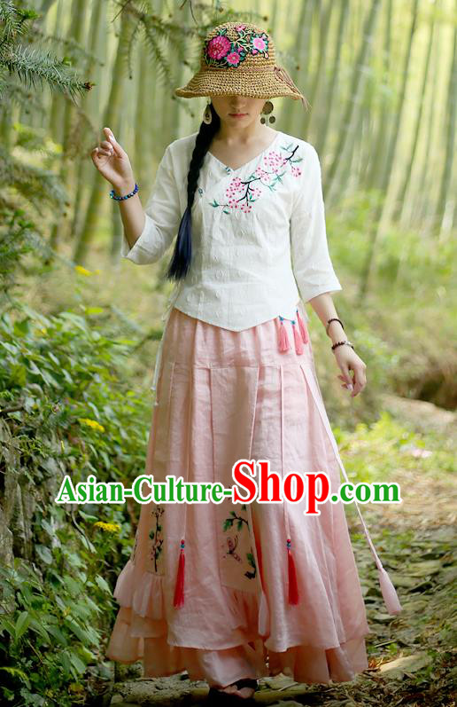 Chinese Embroidered Pink Flax Bust Skirt Traditional National Skirt Li Ziqi Costume