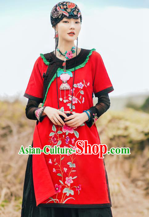 Chinese Traditional National Woman Costume Tang Suit Embroidered Red Long Shirt