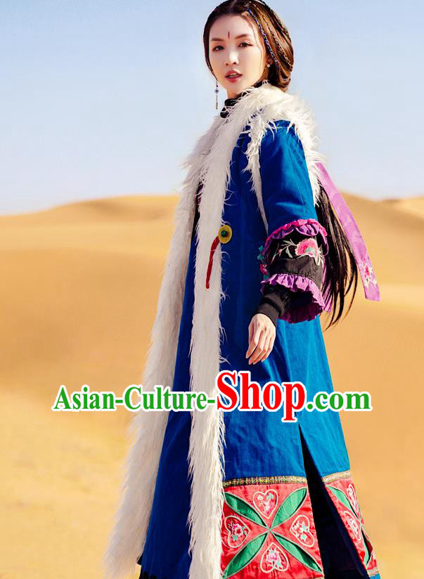 Chinese Traditional Ethnic Woman Outer Garment Costume Tang Suit Embroidered Blue Long Greatcoat