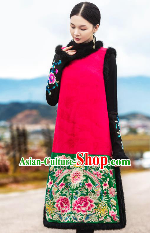 Chinese Embroidered Cotton Wadded Red Qipao Dress Traditional National Winter Cheongsam Costume