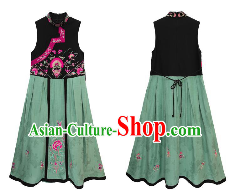 Chinese Embroidered Green Vest Dress Traditional National Cheongsam Costume