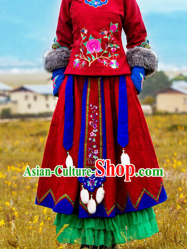 Chinese National Woman Skirt Costume Traditional Embroidered Red Bust Skirt