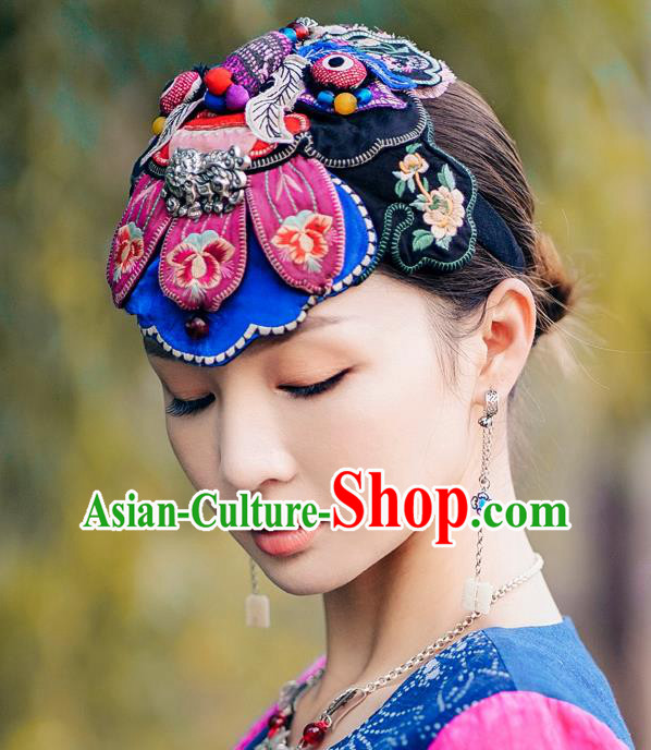 China Traditional Folk Dance Embroidered Blue Hair Clasp Handmade National Silver Headwear