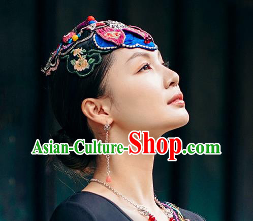 China Traditional Folk Dance Embroidered Blue Hair Clasp Handmade National Silver Headwear