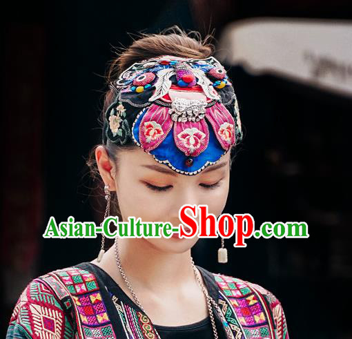 China Traditional Folk Dance Embroidered Blue Hair Clasp Handmade National Silver Headwear
