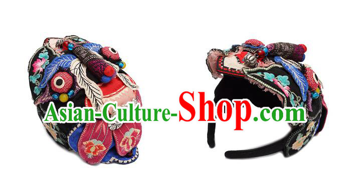 China Traditional Folk Dance Embroidered Blue Hair Clasp Handmade National Silver Headwear