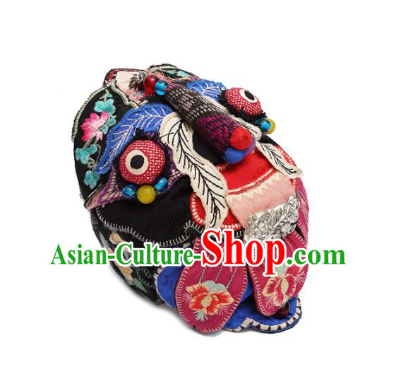 China Traditional Folk Dance Embroidered Blue Hair Clasp Handmade National Silver Headwear