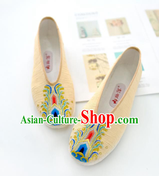 China Traditional Folk Dance Shoes Handmade National Woman Shoes Embroidered Yellow Cloth Shoes