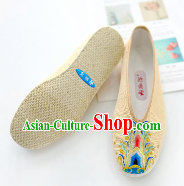 China Traditional Folk Dance Shoes Handmade National Woman Shoes Embroidered Yellow Cloth Shoes