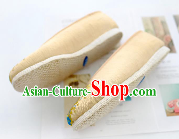 China Traditional Folk Dance Shoes Handmade National Woman Shoes Embroidered Yellow Cloth Shoes