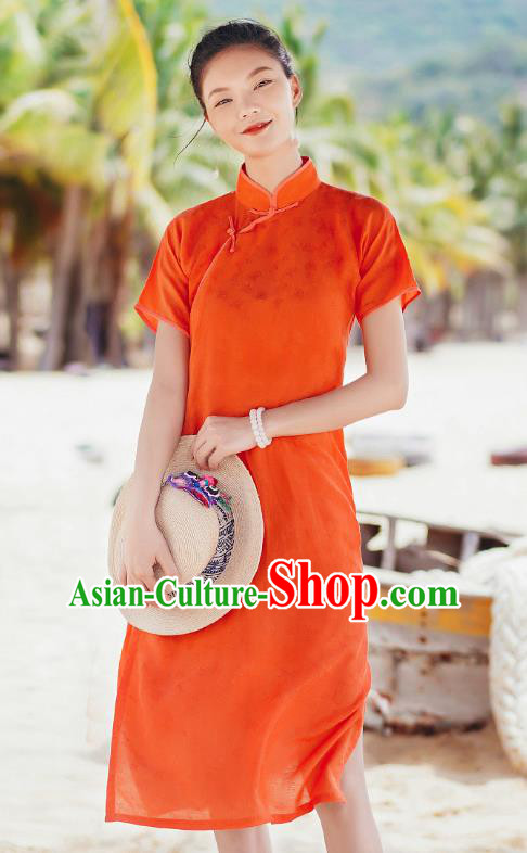 Chinese Traditional Young Lady Orange Qipao Dress National Stand Collar Cheongsam Costume