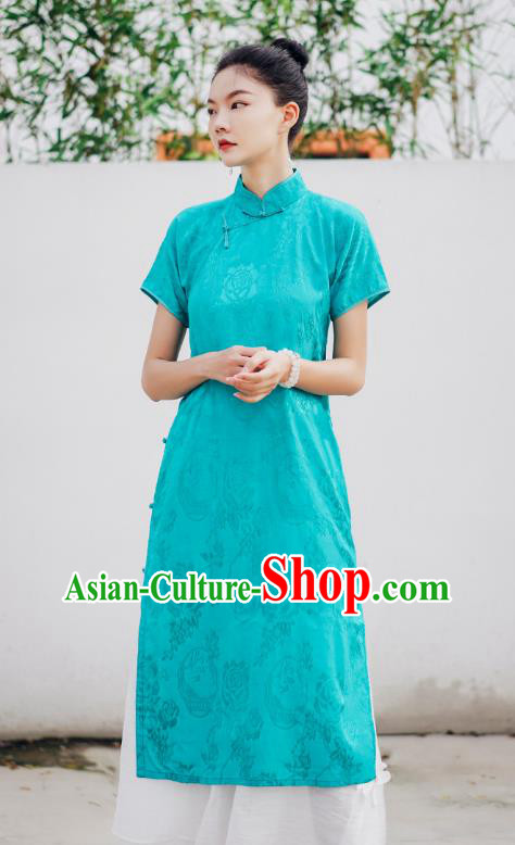 Chinese National Stand Collar Cheongsam Costume Traditional Young Lady Green Qipao Dress