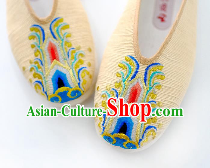 China Traditional Folk Dance Shoes Handmade National Woman Shoes Embroidered Yellow Cloth Shoes