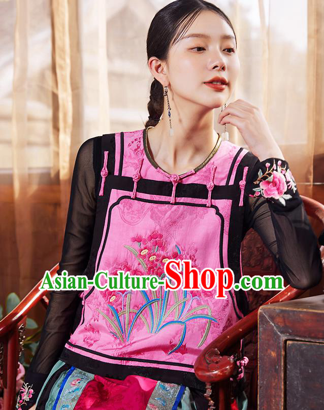 China National Embroidered Orchids Vest Tang Suit Upper Outer Garment Traditional Pink Waistcoat Clothing