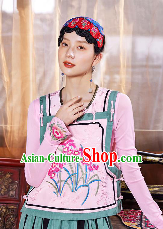 China Traditional Pink Waistcoat Clothing National Embroidered Orchids Vest Tang Suit Upper Outer Garment