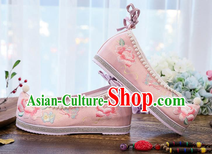 China National Embroidered Peony Shoes Handmade Pink Satin Shoes Traditional Hanfu Pearls Shoes