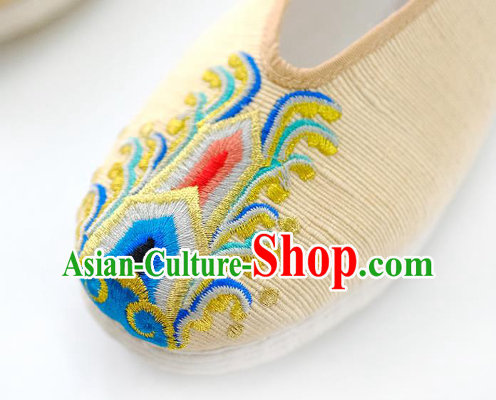 China Traditional Folk Dance Shoes Handmade National Woman Shoes Embroidered Yellow Cloth Shoes