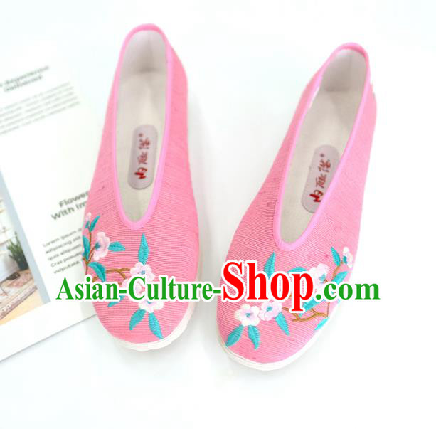 China Handmade National Shoes Embroidered Plum Pink Cloth Shoes Traditional Folk Dance Shoes