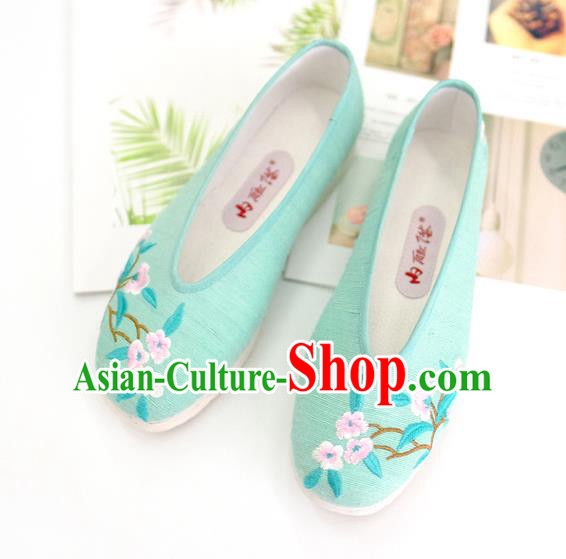 China Embroidered Plum Green Cloth Shoes Traditional Folk Dance Shoes Handmade National Shoes