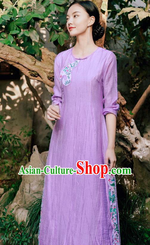 Chinese National Young Lady Embroidered Violet Cheongsam Traditional Slant Opening Qipao Dress Costume