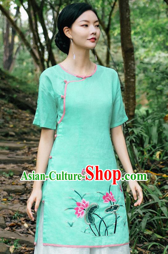 China National Woman Shirt Clothing Tang Suit Upper Outer Garment Traditional Embroidered Lotus Green Blouse