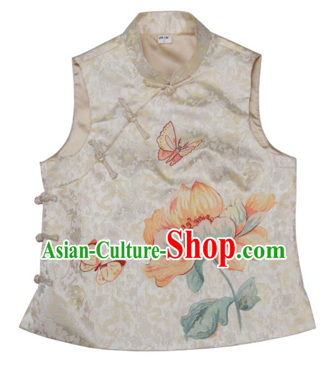 Chinese Traditional Woman Top Garment Costume National Embroidered Light Golden Brocade Waistcoat Tang Suit Vest