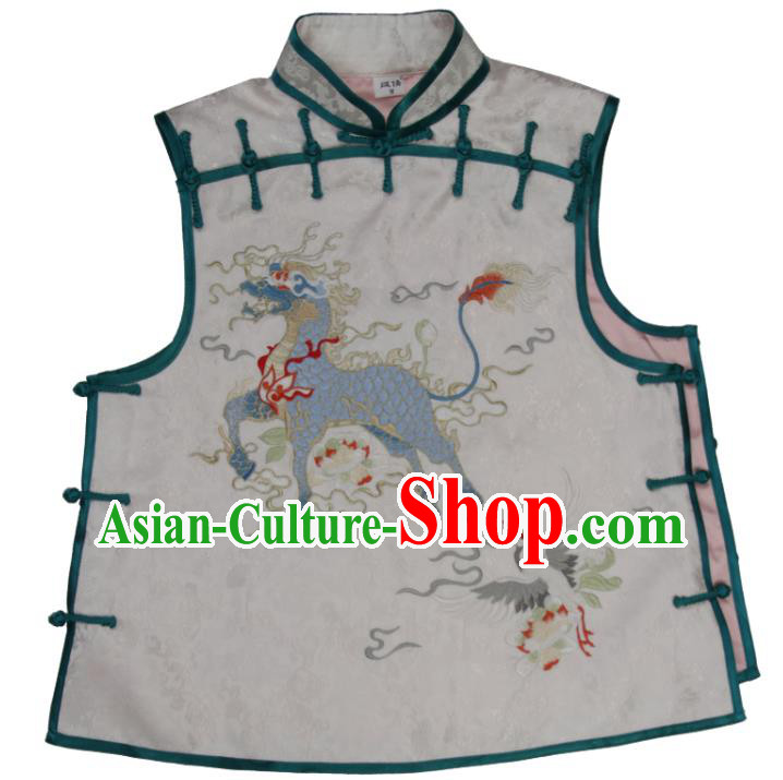 Chinese National Embroidered Kylin White Brocade Waistcoat Tang Suit Vest Costume Traditional Woman Top Garment
