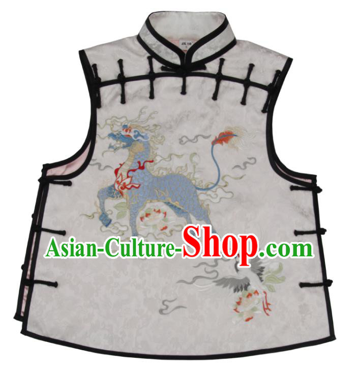 Chinese National Woman Vest Costume Embroidered Kylin White Brocade Waistcoat Traditional Tang Suit Top Garment