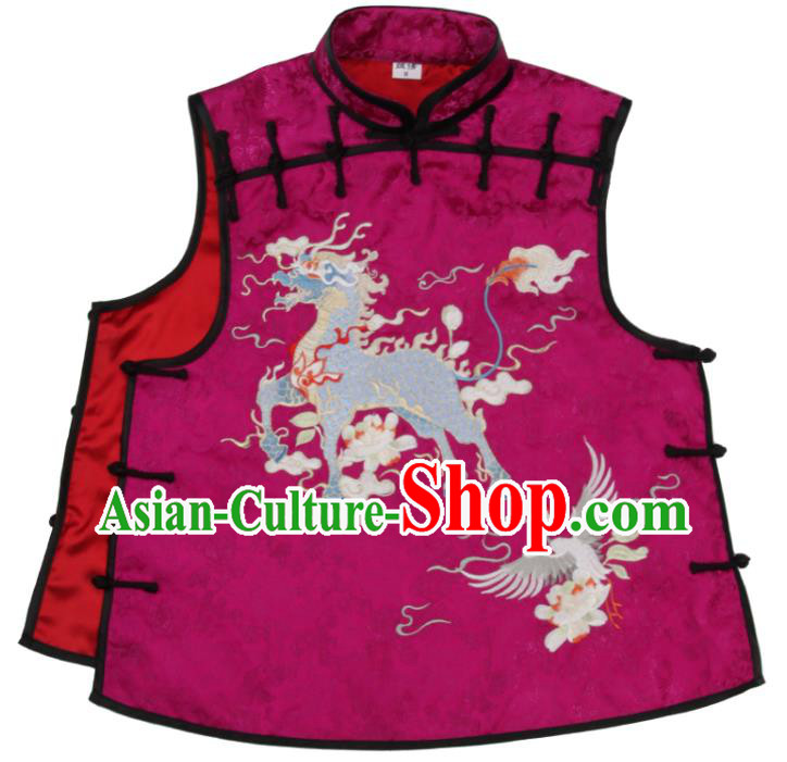 Chinese Embroidered Kylin Rosy Brocade Waistcoat Traditional Tang Suit Top Garment National Woman Vest Costume